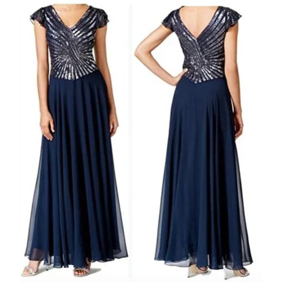 J Kara Gown Maxi Dress Sequin Beaded V Neck V Back Flutter Sleeve A-Line Blue 16 - Picture 1 of 16